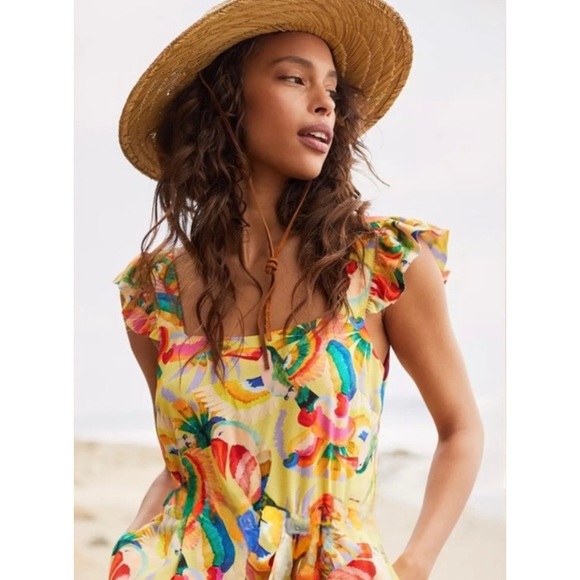 FARM RIO Tropical Bird Print Square Neck Sleeveless Ruffle Strap Babydoll Top S - Picture 1 of 7